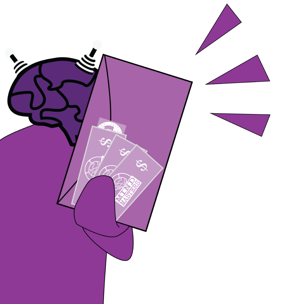 Purple man holding togo and commision money 2